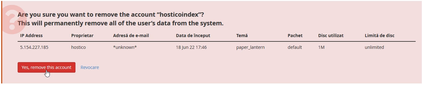 Confirmare stergere cont WHM