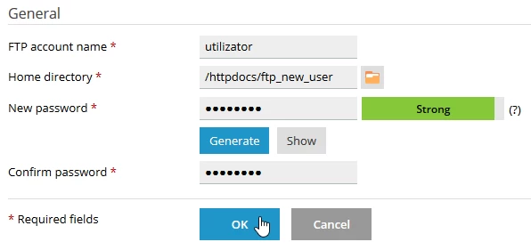 Opţiuni creare cont FTP Plesk