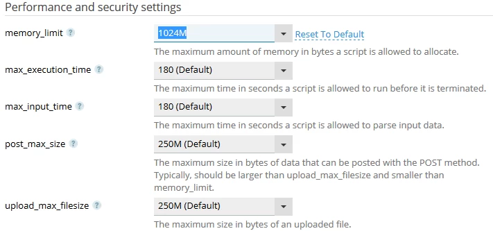 Valori directive PHP în Plesk