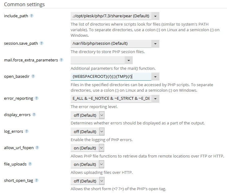 Setări comune PHP în Plesk
